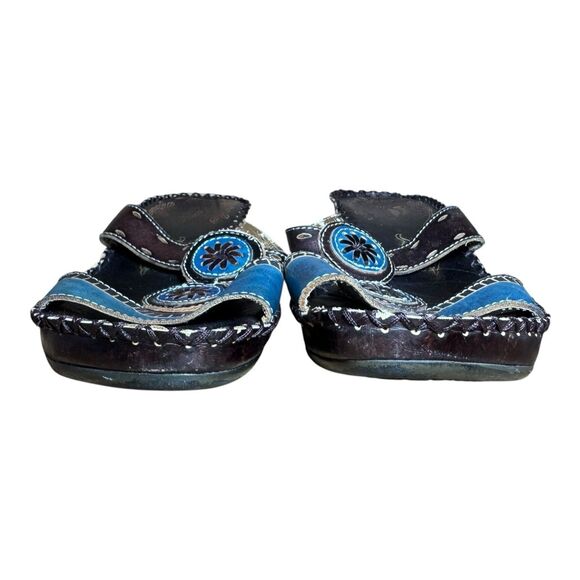 Women’s 38 Spring Step L’Artiste Tamara Leather Wedge Sandals Blue Brown Floral - Picture 6 of 9